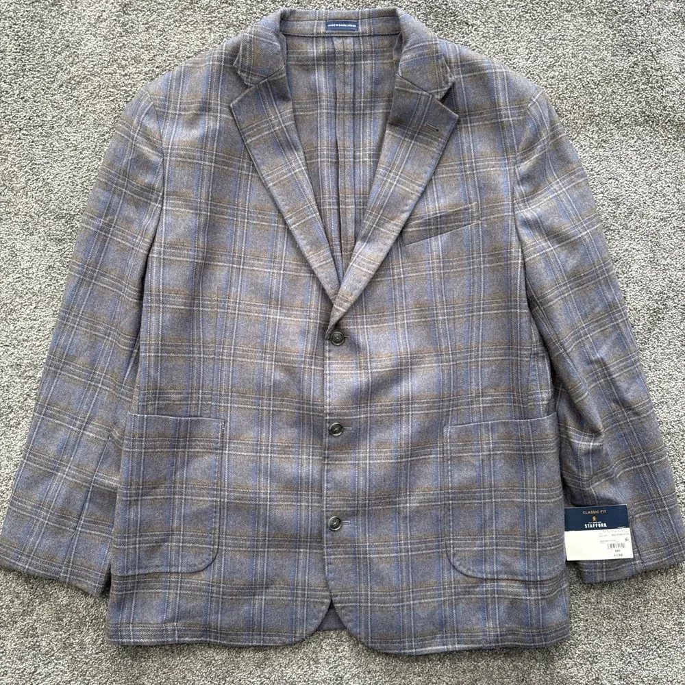 Mens 48R Stafford Sport Coat Suit Gray Plaid Wool Cotton Woven Classic Fit